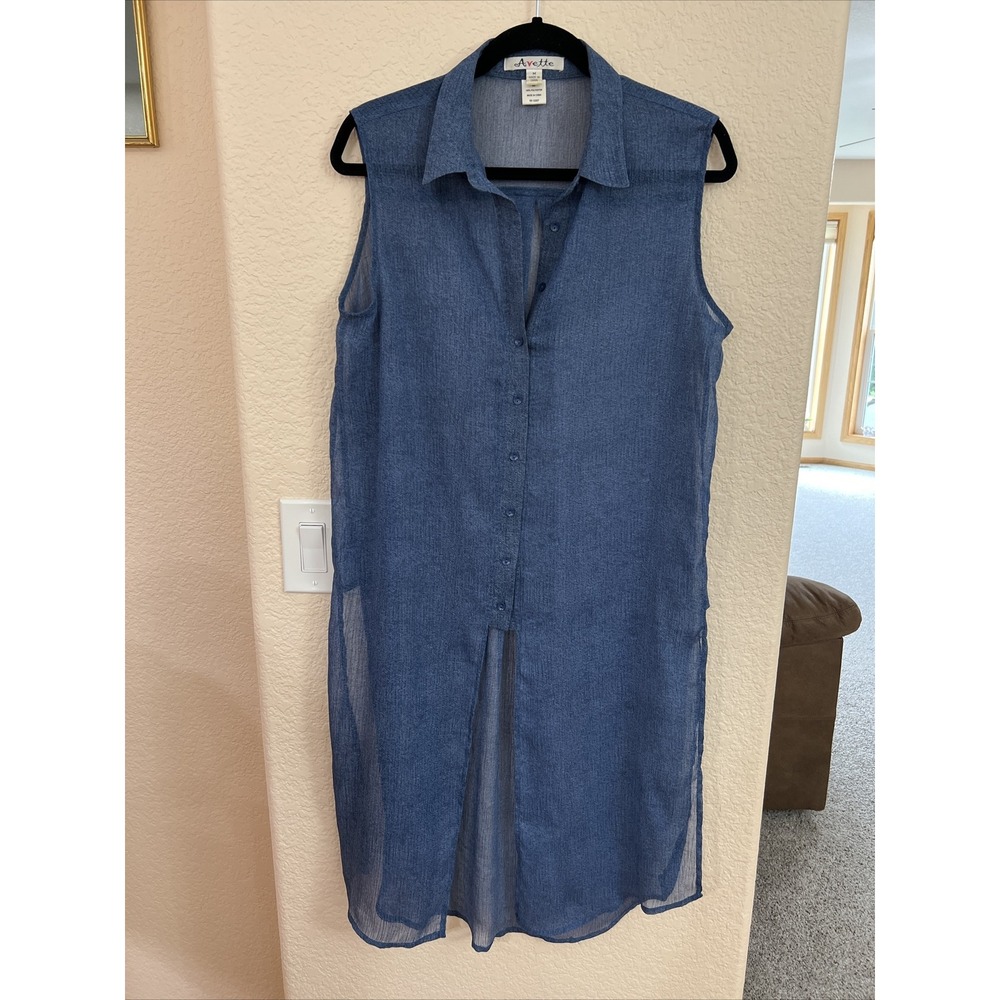 Avette Women's Long Shear Top Tunic Open Sides Sz M Blue Vacation Coverup